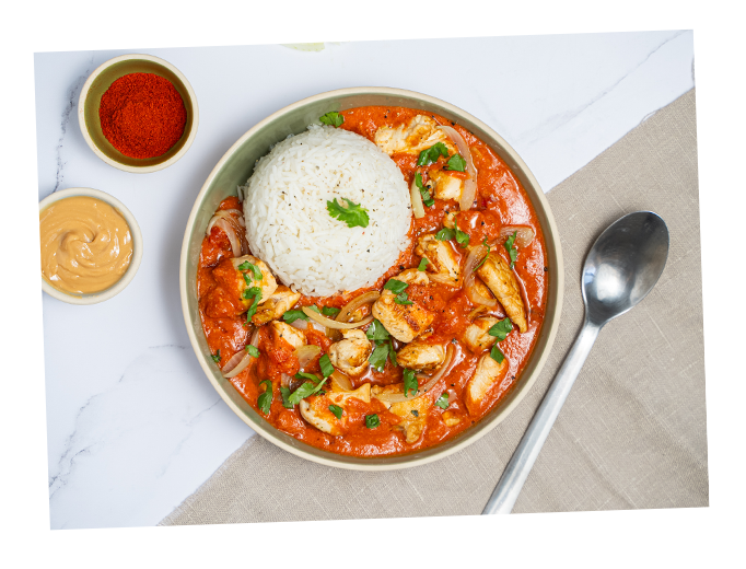 curry de poulet avec riz blanc et et beurre de cacahuète