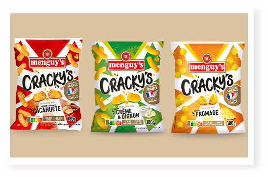Packs d'extrudés Menguy's Cracky's pour l'apéro : cacahuète, crème & oignon, fromage.