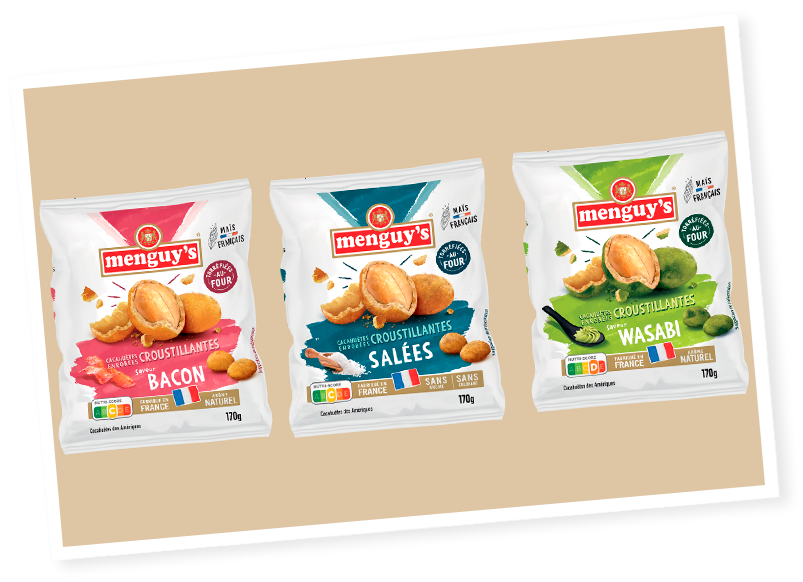 Paquets de cacahuètes enrobées Menguy's : Bacon, Salées et Wasabi pour un apéro convivial.