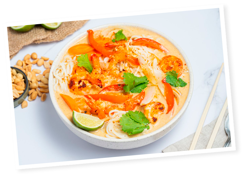 Nouilles aux crevettes et légumes, recette gourmande Menguy's.