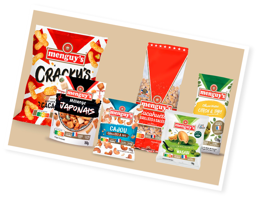 Packagings de snacks Menguy's pour un apéro savoureux.