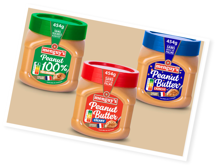 Trois pots de beurre de cacahuète Menguy's, parfaits pour le petit déjeuner.