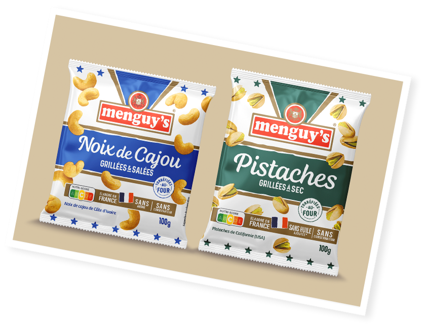 noix de cajou grillées et salées et pistaches grillées à sec Menguy's